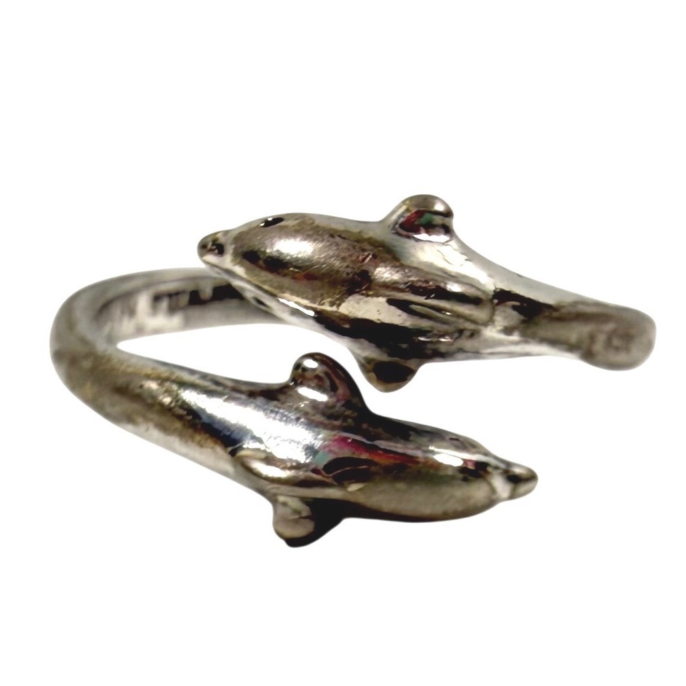 Vintage Sterling Silver 925 Double Dolphin Wrap Ring Size 5 Nautical 90s 00s Y2K